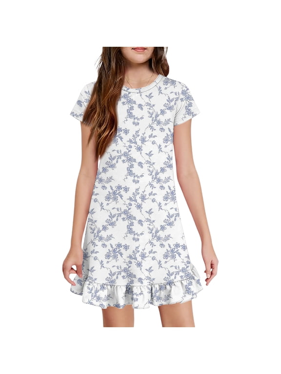 Cute Dresses for Girls 10-12 Casual A-Line Short Sleeve Midi Dress Floral Print Basic Ruffle Hem Swing Skirt with Pockets for 4-14t Kids