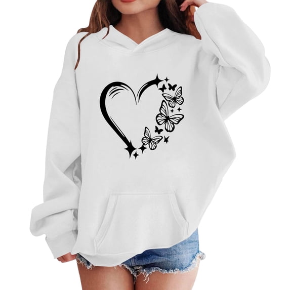 Abcomgle Cute Hoodies for Girls 10-12 Butterfly Heartshape Print Hooded Girls Sweatshirt Oversized Long Sleeve Girls Pullover Sweatshirt Y2k Fall Clothing for Teen Girls with Pocket