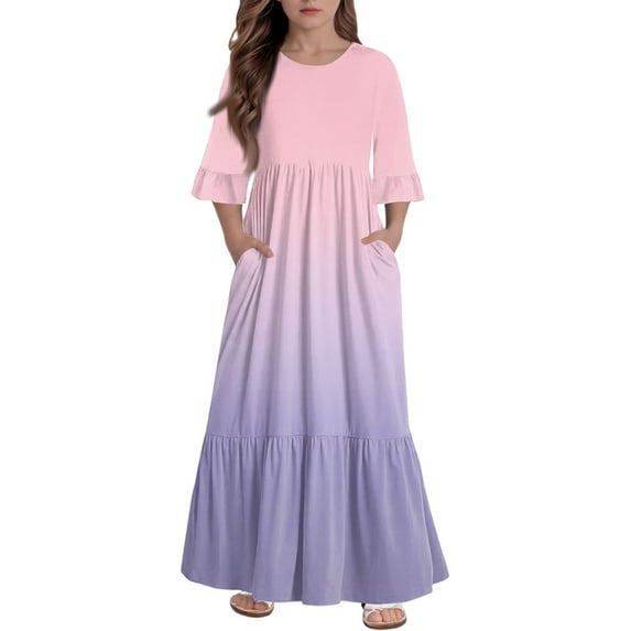 Abcomgle Cute Sundresses Dresses for Girls 10-12 Casual A-Line 3/4 Sleeve Maxi Dress Gradient Sundresses Crew Neck Tiered Dresses with Pockets,4-5 Years Light pink