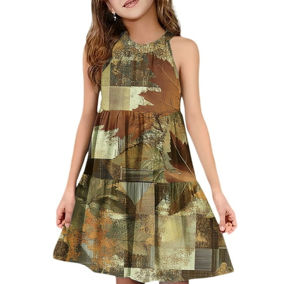 Abcomgle Cute Sundresses Dresses for Girls 10-12 Casual Halter Neck Sleeveless Girls Dresses Camo Maple Sundresses Beach A-line Swing Dresses 11-12 Years,Brown