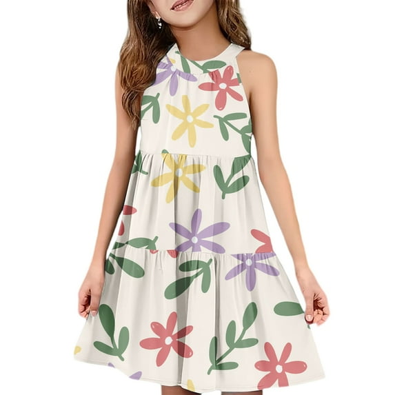 Abcomgle Cute Sundresses Dresses for Girls 10-12 Casual Halter Neck Sleeveless Midi Dress Floral Print Sundresses A-line Swing Basic Dresses 3-4 Years,Beige