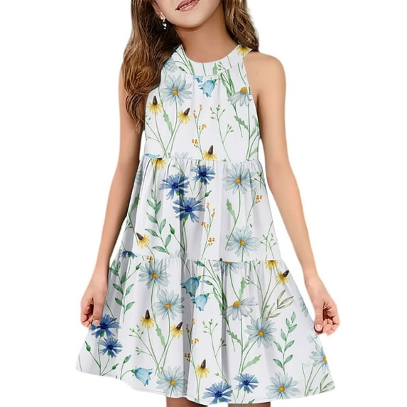 Abcomgle Cute Sundresses Dresses for Girls 10-12 Casual Halter Neck Sleeveless Midi Dress Floral Print Sundresses A-line Swing Basic Dresses 7-8 Years,Blue