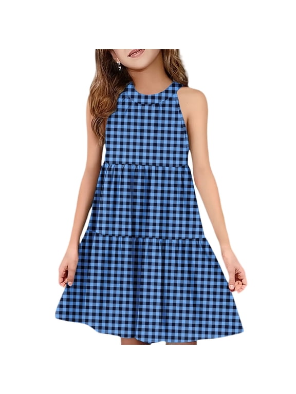 Cute Sundresses Dresses for Girls 10-12 Casual Halter Neck Sleeveless Midi Dress Plaid Sundresses A-line Swing Holiday Dresses 13-14 Years,Royal Blue