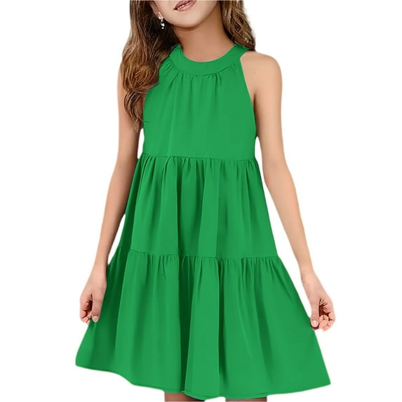 Abcomgle Cute Sundresses Dresses for Girls 10-12 Casual Halter Neck Sleeveless Midi Dress Solid Color Sundresses Loose A-line Swing Skirt 9-10 Years,Green