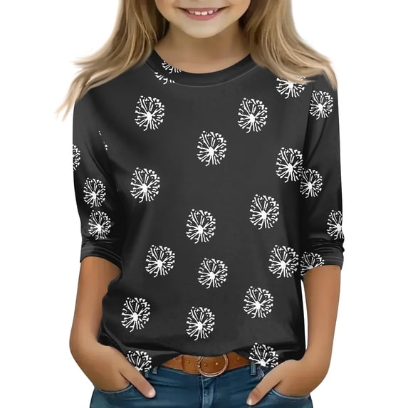 Abcomgle Cute Tops for Girls 10-12 Crewneck Dandelion Print Tshirt Summer 3/4 Sleeve Tshirts Toddler Fashion Cotton Toddler Tops Girls