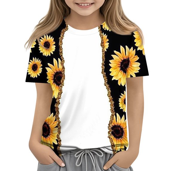 Abcomgle Cute Tops for Girls 10-12 Crewneck Sunflower Print Tshirt Summer Short Sleeve Girls Shirts Dressy Cotton Toddler Tops Girls,White