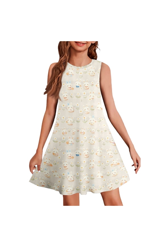 Easter Dress for Kids Girls A-Line Sleeveless Midi Dress for Girls Cute Bunny Daisy Print Dress Outfits Crewneck Spring Swing Dress Clothes for Girls,Beige,9-10Years
