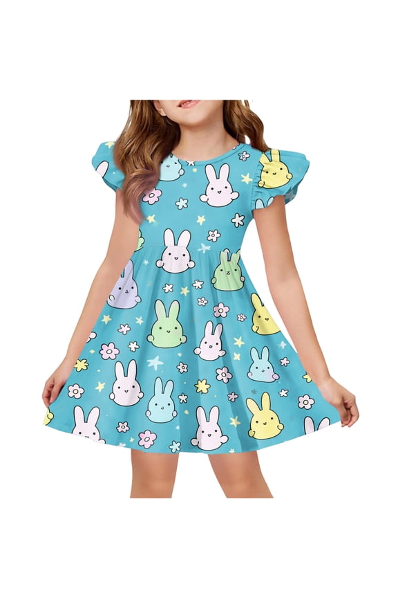 Flutter Sleeve Dress Girls 10-12 Bunny Floral Print Easter Dresses for Girls Cute A-Line Flutter Sleeve Midi Dress for Girls Crewneck Swing Dress Outfits,Blue,5-6Years