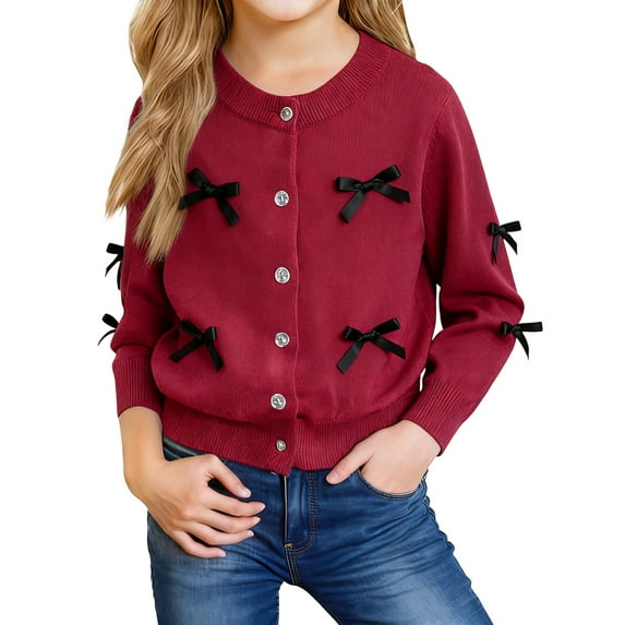 Abcomgle Girl Bow Sweater Cardigan Button Down Crewneck Girls Cardigan Cute Knit Long Sleeve Sweater Girls,6-7Years,Wine