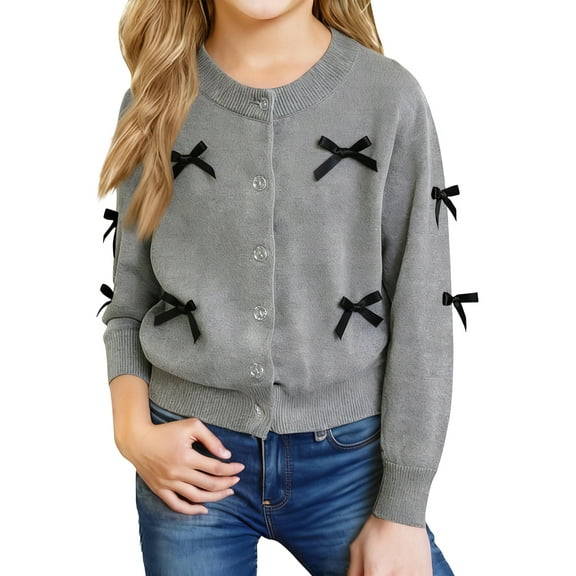 Abcomgle Girl Bow Sweater Cardigan Button Down Crewneck Girls Cardigan Cute Knit Long Sleeve Sweater for Girls,10-11Years,Dark Gray