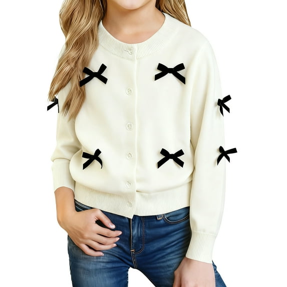 Abcomgle Girl Cardigan Sweater 7-8 Cute Bownot Long Sleeve Girls Cardigan Crewneck Button Down Knit Sweater Girls,13-14Years,White