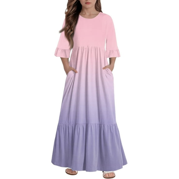 Abcomgle Girl's Summer Casual Dress Casual A-Line 3/4 Sleeve Girls Long Dresses Gradient Crew Neck Sundresses Summer Tiered Dresses with Pockets,13-14 Years Light pink
