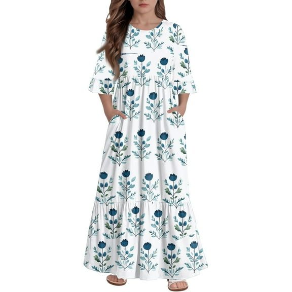 Abcomgle Girl's Summer Casual Dress Casual A-Line 3/4 Sleeve Girls Long Dresses Vintage Floral Print Crew Neck Sundresses Tiered Holiday Dresses with Pockets,13-14 Years Sky Blue