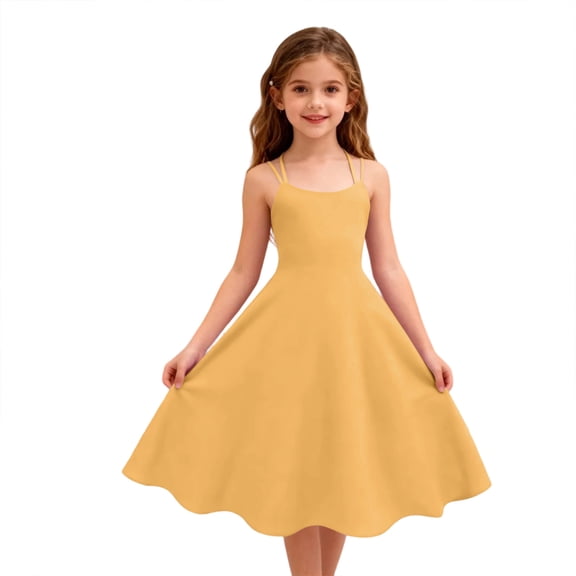 Abcomgle Girl's Summer Casual Dress Casual A-Line Sleeveless Camisole Dresses Spaghetti Strap Summer Solid Swing Skirt for 4-14t Kids,Ginger,7-8Years