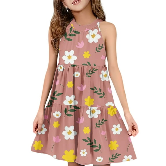 Abcomgle Girl's Summer Casual Dress Casual Halter Neck Sleeveless Girls Dresses Floral Print A-line Sundresses Swing Holiday Dresses 5-6 Years,Camel