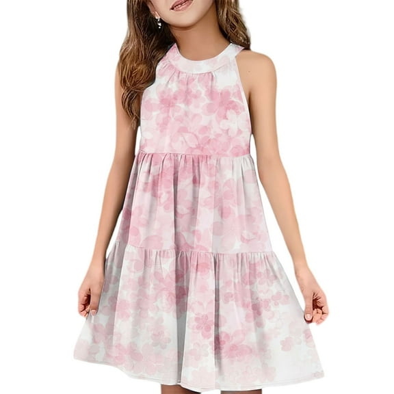 Abcomgle Girl's Summer Casual Dress Casual Halter Neck Sleeveless Girls Dresses Floral Print A-line Sundresses Swing Skirt 13-14 Years,Pink