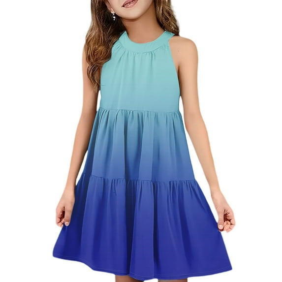 Abcomgle Girl's Summer Casual Dress Casual Halter Neck Sleeveless Midi Dress Gradient A-line Sundresses Holiday Swing Dresses 5-6 Years,Blue