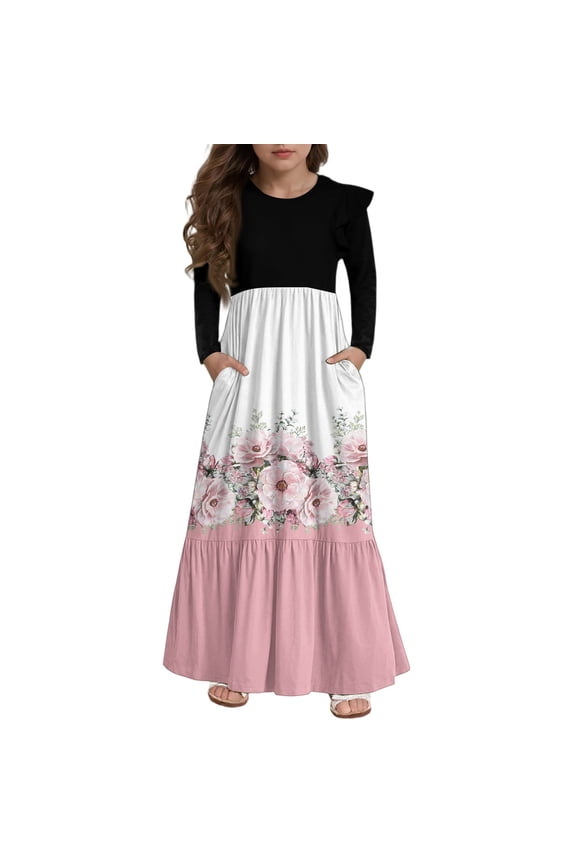 Girl's Summer Casual Dress Casual Patchwork Ruffle Long Sleeve Maxi Dress Vintage Floral Print Crew Neck Sundresses Beach Tiered Dresses with Pockets,4-5 Years Pink