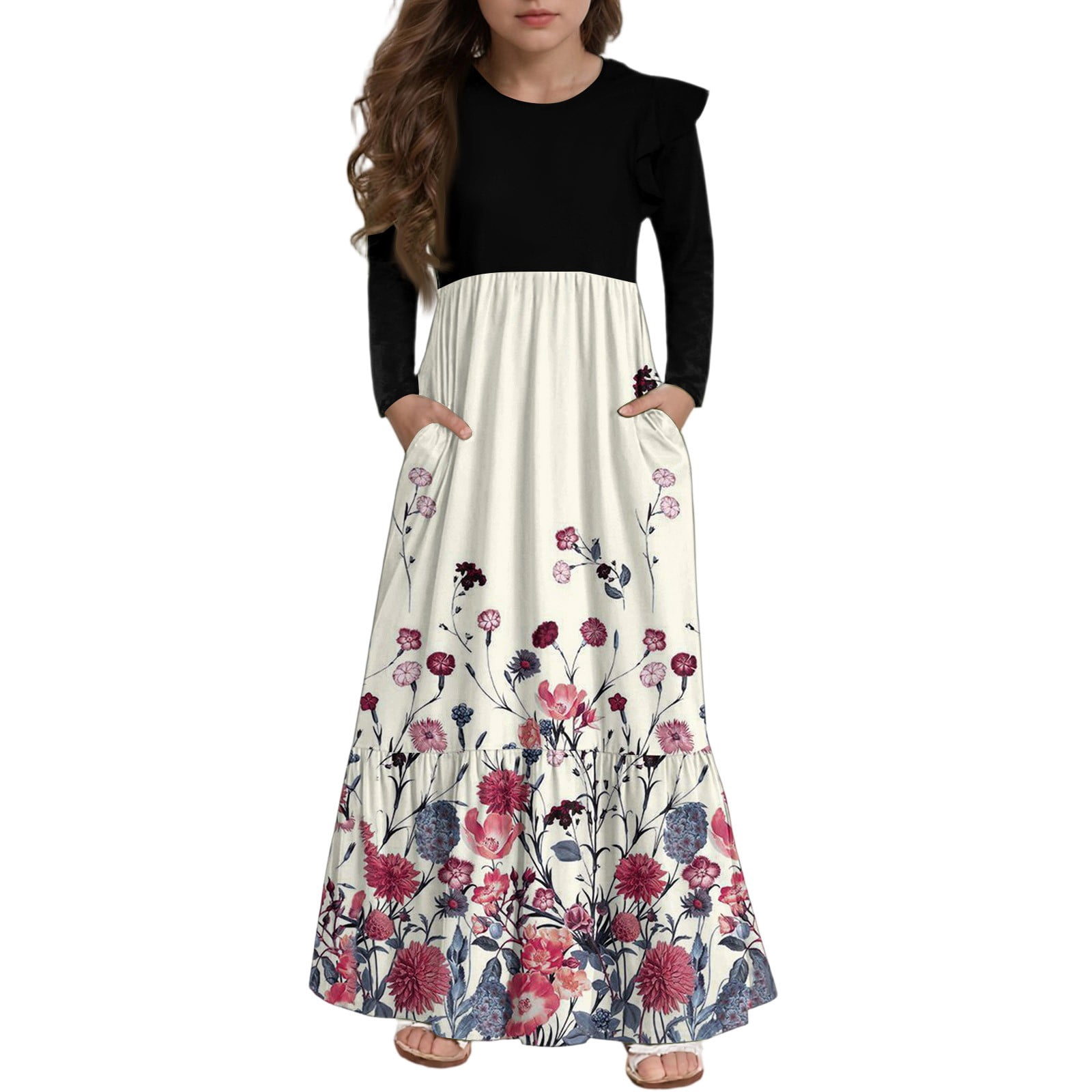 Abcomgle Girl's Summer Casual Dress Casual Patchwork Ruffle Long Sleeve ...