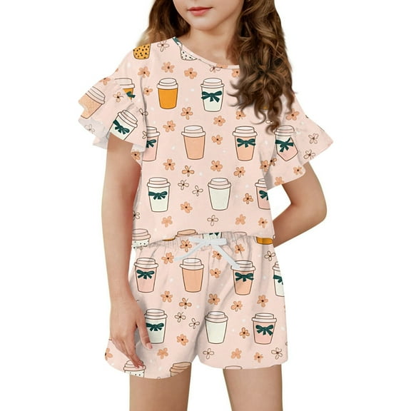 Abcomgle Girls 2 Piece Outfits 4-16 Gradient Ruffle Sleeve Tee Top and Elastic Waist Shorts Cute Preppy Girls Shorts Set 4-5 Years,Light pink