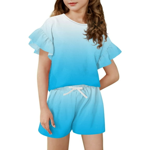Abcomgle Girls 2 Piece Outfits 4-16 Polka Dot Ruffle Sleeve Tee Top and Elastic Waist Shorts Cute Casual Girls Summer Clothes 8-9 Years,Light Blue