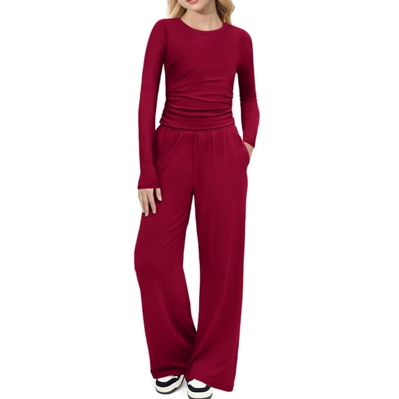 Abcomgle Girls 2 Piece Outfits Kids Size 10-12 Girls 2 Piece Outfits Ruched Long Sleeve T-Shirts and Wide Leg Pants with Pockets Casual Trendy Girls' Clothing Sets