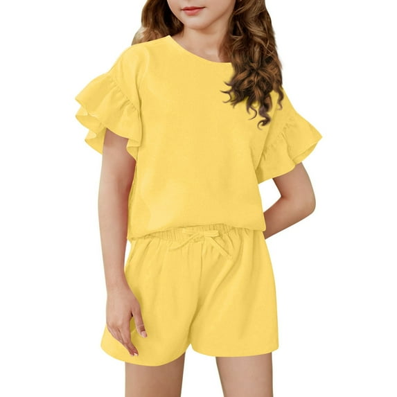 Abcomgle Girls 2 Piece Outfits Size 7/8 Ruffle Sleeve T Shirts and Drawstring Shorts Cute Preppy Girls Short Sets 6-7 Years,Yellow