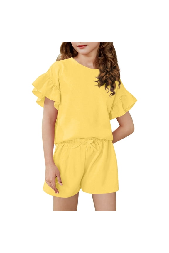 Girls 2 Piece Outfits Size 7/8 Ruffle Sleeve T Shirts and Drawstring Shorts Cute Preppy Girls Short Sets 6-7 Years,Yellow