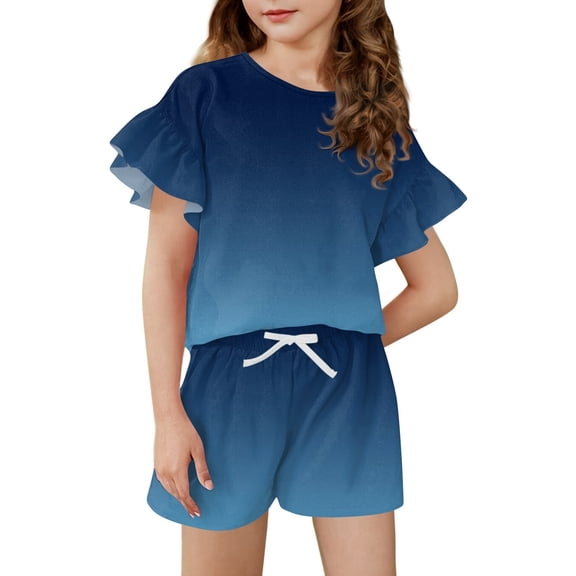 Abcomgle Girls 2 Piece Outfits Size 10-12 Gradient Ruffle Sleeve Shirts and Elastic Waist Shorts Cute Preppy Girls Outfits 10-11 Years,Dark Blue