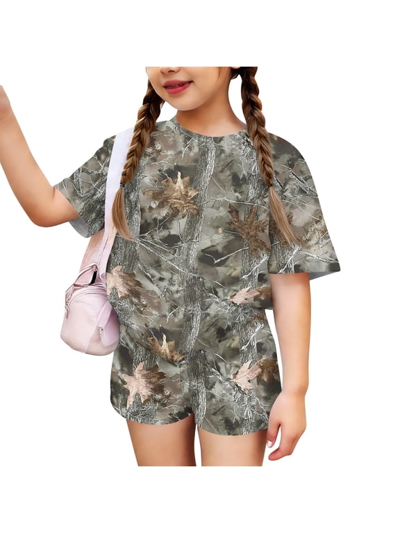 Girls 2 Piece Outfits Size 14-16 Camo Short Sleeve T Shirts and Elastic Waist Shorts Cute Casual Girls' Clothing Sets
