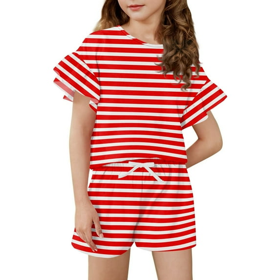 Abcomgle Short Sets for Girls 7-8 Girls Two Piece Outfits Floral Print Ruffle Sleeve Shirts and Elastic Waist Shorts Cute Preppy Girls Shorts Set 6-7 Years,Red