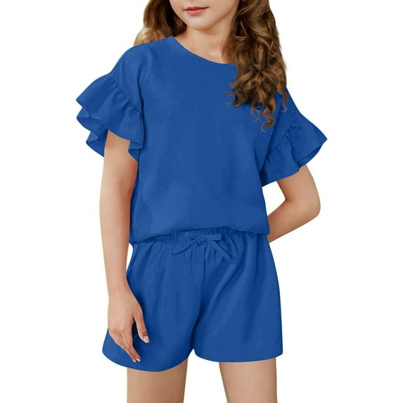 Abcomgle Girls Short Sets Size 10-12 Girls Two Piece Outfits Ruffle Sleeve Tee Top and Drawstring Shorts Cute Casual Girls' Clothing Sets 10-11 Years,Blue