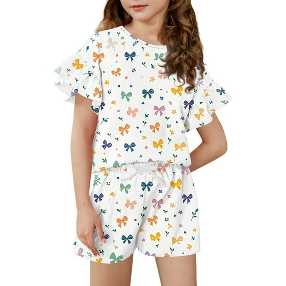 Abcomgle Girls 2 Piece Outfits Size 14-16 Gradient Ruffle Sleeve Tee Top and Elastic Waist Shorts Cute Preppy Girls Summer Clothes 4-5 Years,Multicolor
