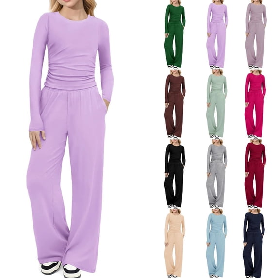 Abcomgle Girls 2 Piece Outfits Size 14-16 Ruched Long Sleeve T-Shirts and Wide Leg Pants with Pockets Basic Girls Outfits