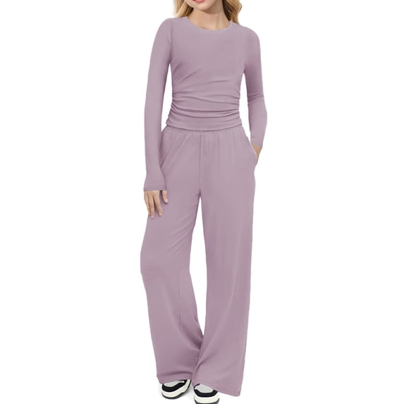 Abcomgle Girls 2 Piece Outfits Size 14-16 Ruched Long Sleeve T Shirts and Wide Leg Pants with Pockets Basic Summer Sets for Girls