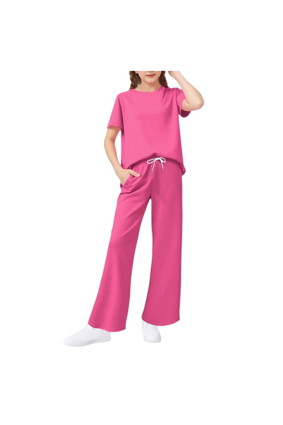 Girls 2 Piece Outfits Size 14-16 Solid Short Sleeve T Shirts and Wide Leg Pants Set Cute Preppy Girls Lounge Set,9-10 Years