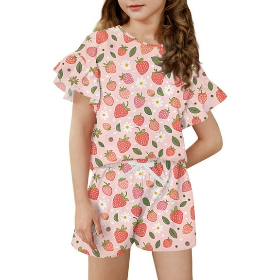 Abcomgle Girls 2 Piece Outfits Size 5/6 Gradient Ruffle Sleeve Shirts and Elastic Waist Shorts Cute Preppy Girls' Clothing Sets 6-7 Years,Pink