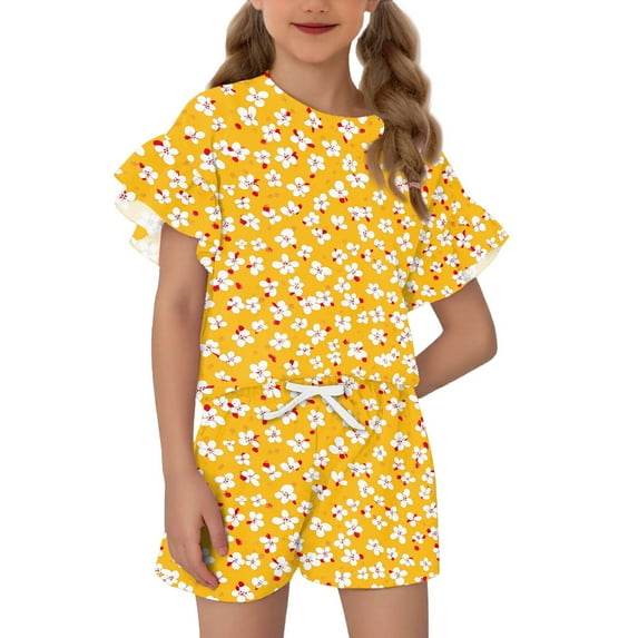 Abcomgle Girls 2 Piece Outfits Size 5/6 Gradient Ruffle Sleeve Shirts and Elastic Waist Shorts Cute Preppy Girls Outfits 6-7 Years,Yellow