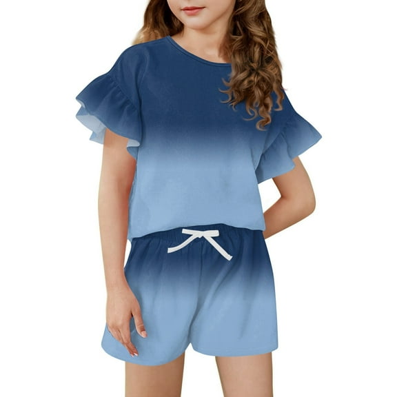 Abcomgle Girls 2 Piece Outfits Size 7/8 Gradient Ruffle Sleeve T Shirts and Elastic Waist Shorts Cute Casual Girls' Clothing Sets 8-9 Years,Blue