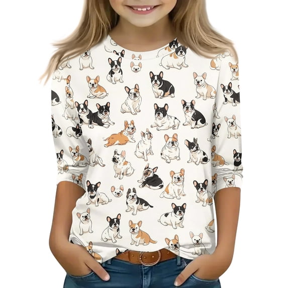 Abcomgle Girls 3/4 Sleeve Shirts 7-8 Crewneck 3/4 Sleeve Dog Graphic Tops Summer Trendy Cotton Tshirt Cute Girls Blouse