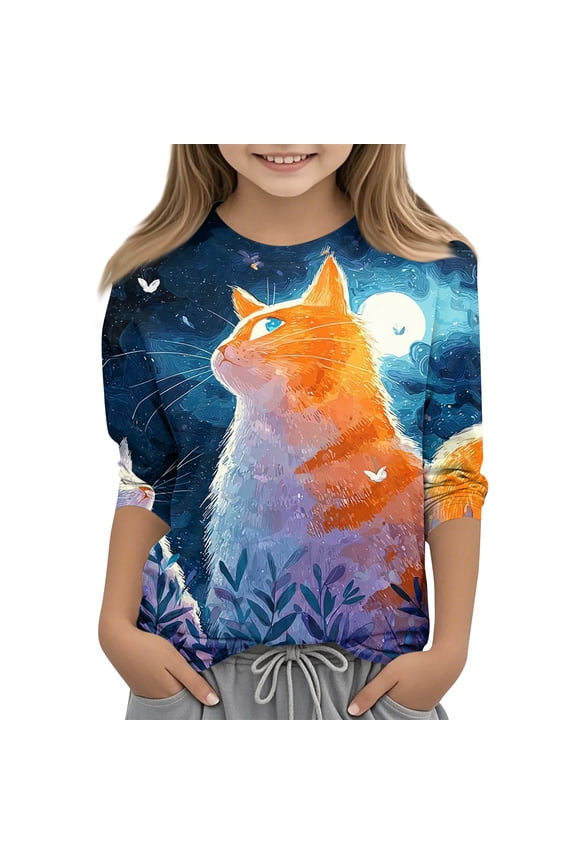 Girls 3/4 Sleeve Shirts 7-8 Crewneck Summer Tshirts for Girls Trendy Basic Top for Girls Cotton Cat Moon Print Girls Tee Tops,Turquoise,5-6Years