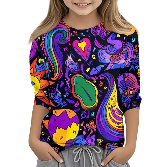 Abcomgle Girls 3/4 Sleeve Shirts Size 6 Crewneck Summer Shirts for Kids Girls Casual Basic Top for Girls Loose Colorful Graffiti Print Girls Tee Tops,Purple,3-4Years