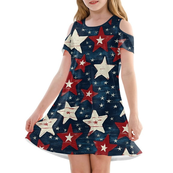 Abcomgle Girls 4th Of July Dress Cold Shoulder Stars and Stripes Printed Patriotic Dresses Casual A-Line Cold Shoulder Tank Dresses Cute Holiday Independence Day Sundresses for 4-14t Kids 9-10 Years