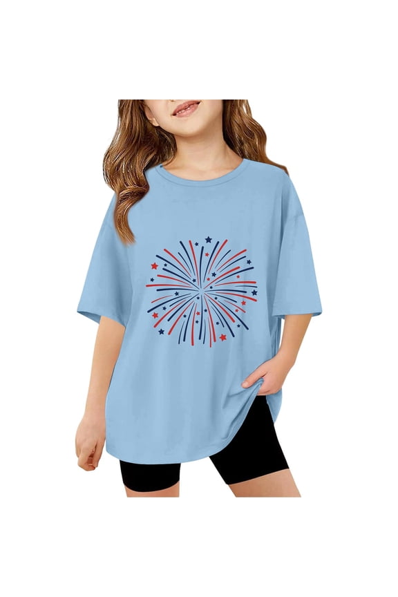 Girls 4th Of July T-Shirts 10-12 Oversized Short Sleeve Patriotic T Shirt Crewneck Comfy Red Blue Firework Graphic Tee Shirts Going Out Independent Day Tees