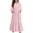 thumbnail image 1 of Abcomgle Girls Beach Dress Casual A-Line 3/4 Sleeve Maxi Dress Polka Dot Crew Neck Sundresses Flowy Tiered Dresses with Pockets,7-8 Years Pink, 1 of 5