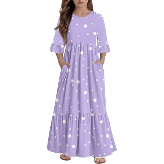 Abcomgle Girls Beach Dress Casual A-Line 3/4 Sleeve Maxi Dress Polka Dot Crew Neck Sundresses Tiered Holiday Dresses with Pockets,11-12 Years Light Purple