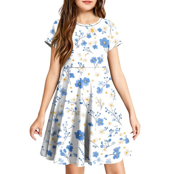 Abcomgle Girls Beach Dress Casual A-Line Short Sleeve Midi Dress Floral Print Summer Crew Neck Swing Skirt with Pockets for 4-14t Kids