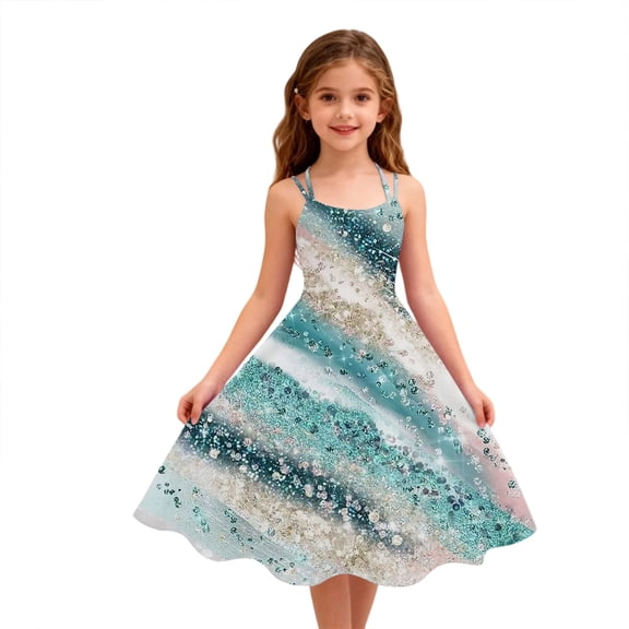 Abcomgle Girls Beach Dress Casual A-Line Sleeveless Midi Dress Spaghetti Strap Holiday Glitter Beach Swing Sundresses for 4-14t Kids,Sky Blue,7-8Years