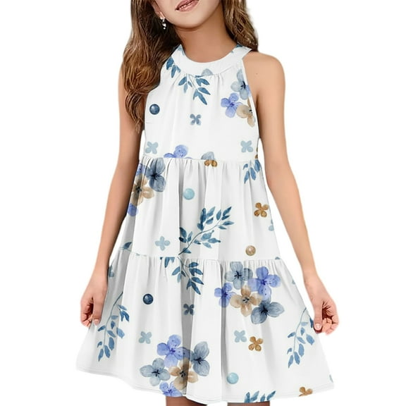Abcomgle Girls Beach Dress Casual Halter Neck Sleeveless Midi Dress Floral Print A-line Sundresses Swing Beach Dresses 7-8 Years,White