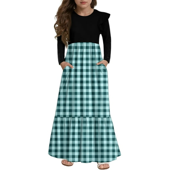 Abcomgle Girls Long Dresses 10-12 Casual Patchwork Ruffle Long Sleeve Girls Long Dresses Plaid Crew Neck Sundresses Tiered Dresses with Pockets,13-14 Years Light Blue